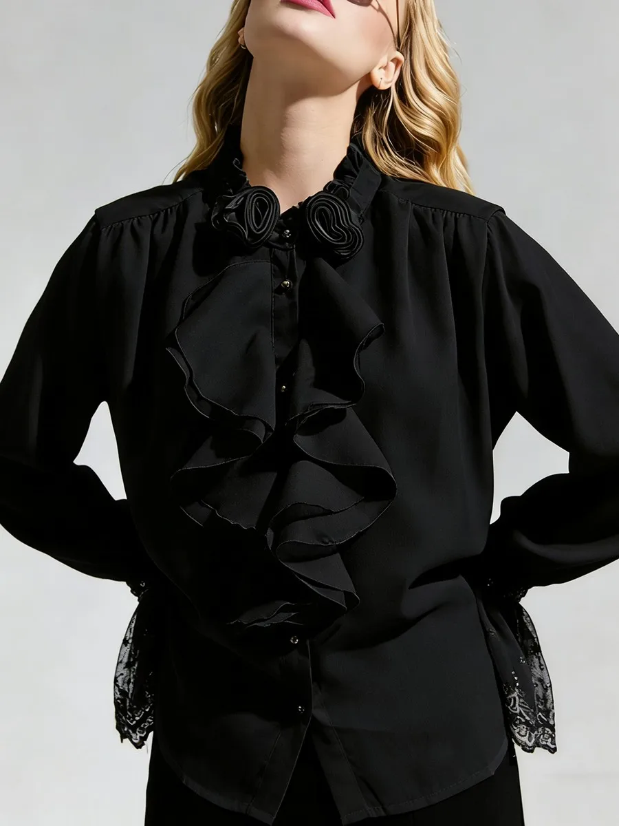 Volants en cascade 3D fleur chemises élégantes pour les femmes manches longues dentelle Patchwork décontracté hauts concepteur de mode chemises Blouses