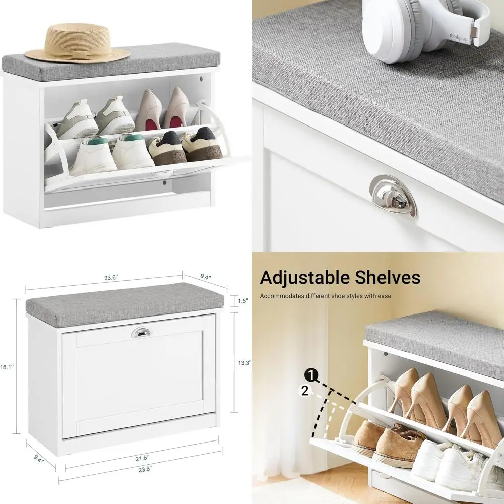 

White Small Shoe Storage Bench with Cushion, 2-Tier Shoe Rack for Entryway
