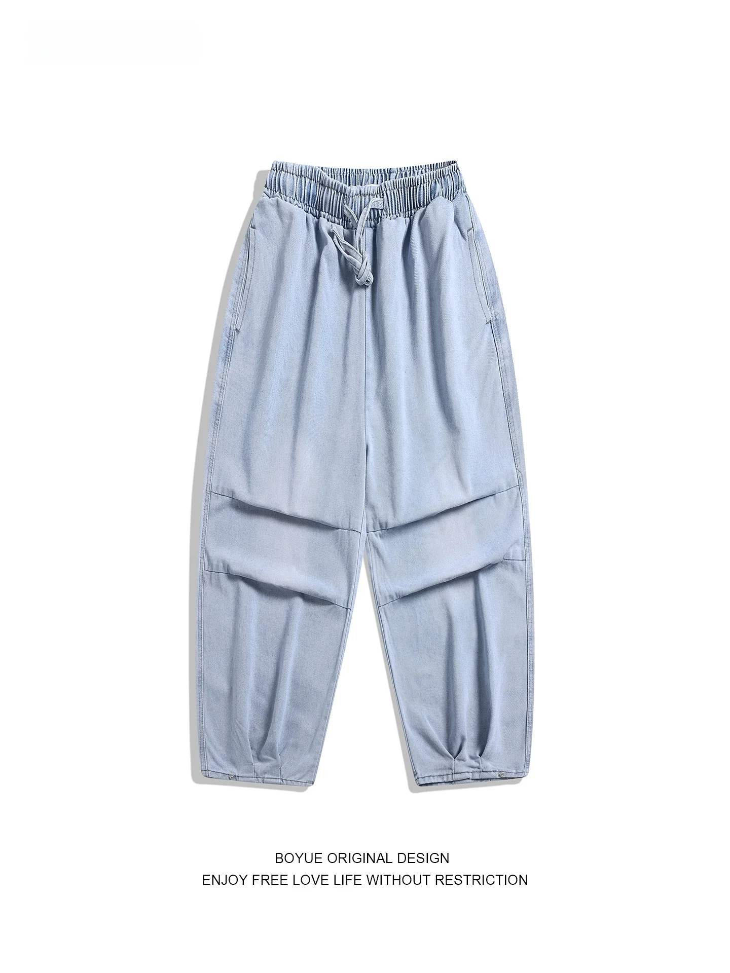 

Boyue American Retro Workwear Sle Trousers Loose Casual Dstring Elastic Waist Jeans Men Women Faionable Cotton Denim