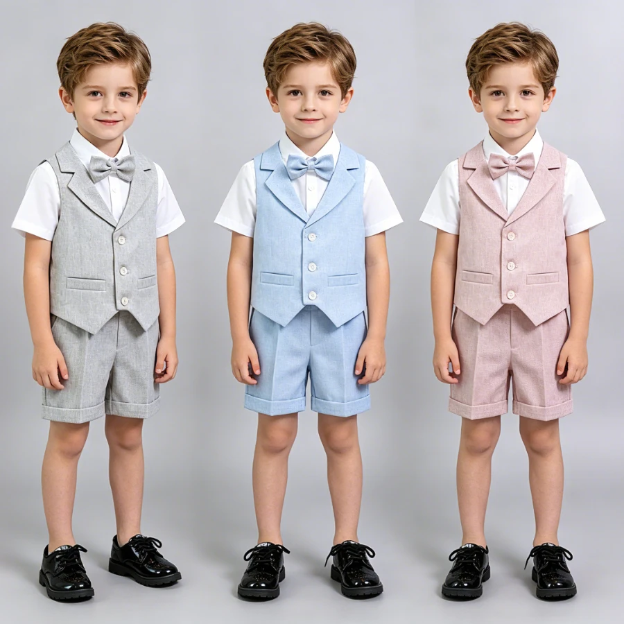 

Summer Boys 4Pcs Formal Suit Set Vest Shirt Shorts with Bow Tie for Wedding Birthday Party School Performance Photoshoot Outfit