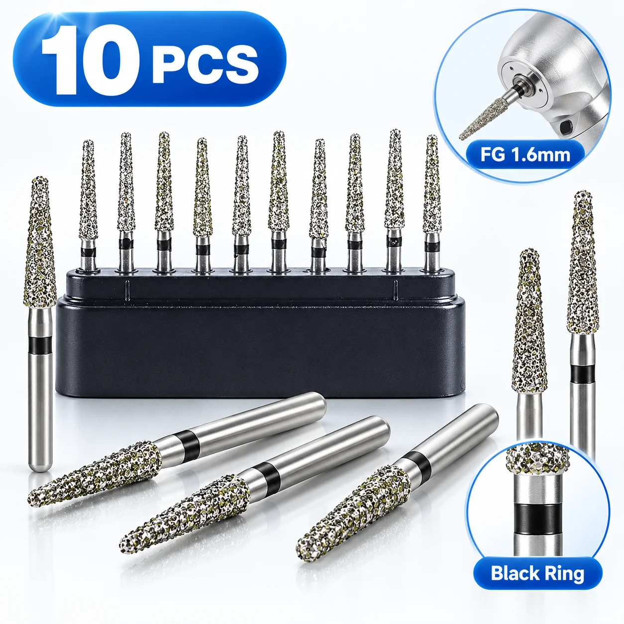 10Pcs Laboratory Diamond Rotary Tool Black Ring Super Coarse FG 1.6mm Precision Abrasive Bit for Technician Lab Use