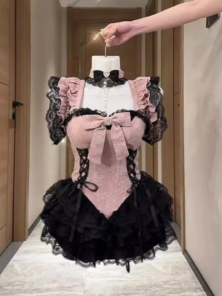 Vestido elegante y dulce de verano para mujer, vestido de fiesta corto con diseño de encaje y hombros descubiertos Y2k, ropa Popular coreana Retro Chic