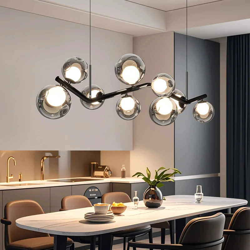

Modern Wavy Black Wrought Iron Pendant Lights Glass Ball Hanging Lamps Living Room Bedroom Kitchen Island Restaurant Chandelier