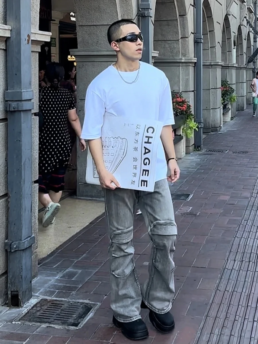 

American Retro Aalyptic Sle Men's Jeans Loose Wide Leg Long Trousers Winter New Small Cro Micro Flared Wrinkle