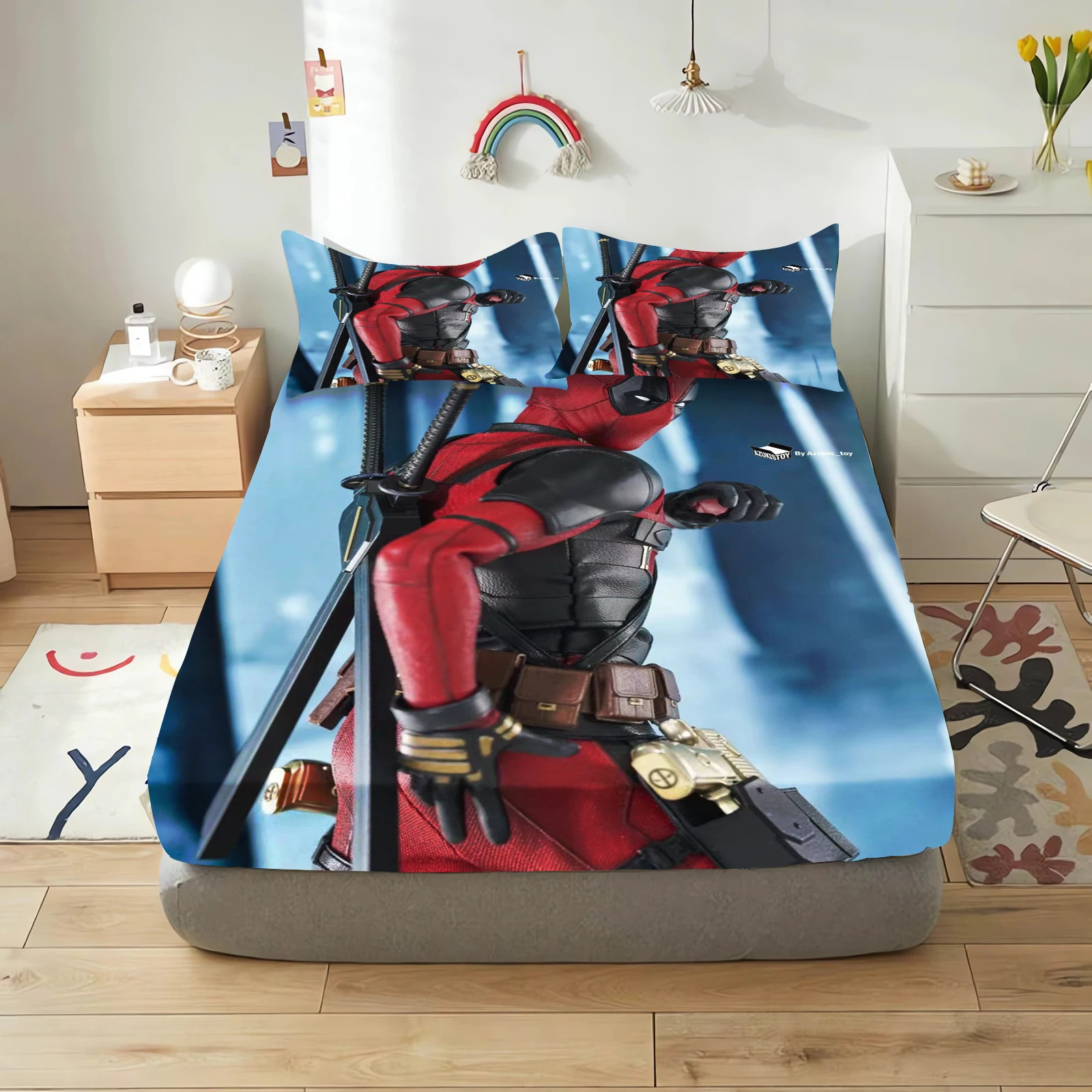 Deadpool and Wolverine Cartoon Fitted Sheets Anime Printing Cute Children's Bedroom pillowcase Set ​Polyester Adult Gift Bedding