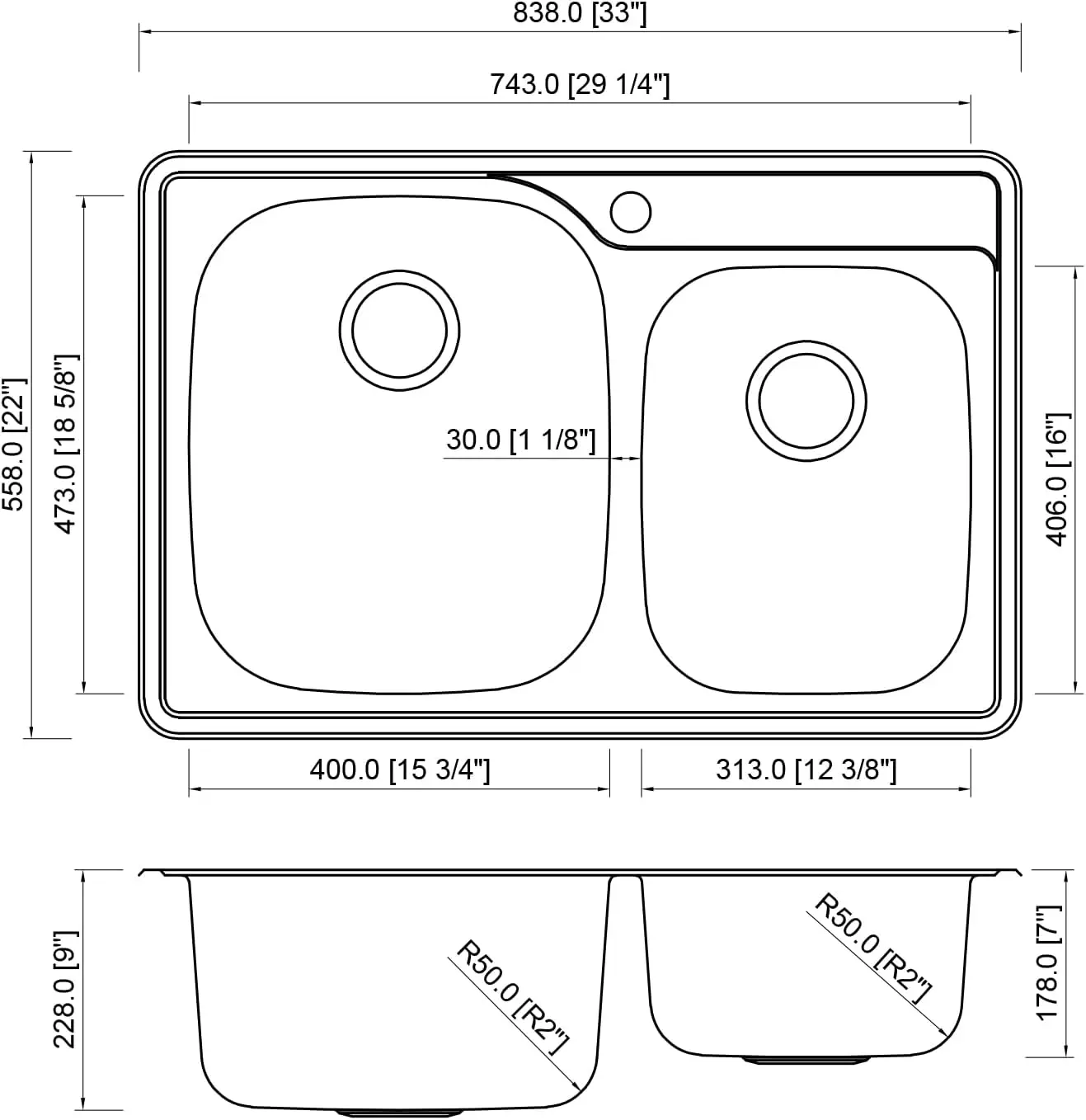 33 x 22 x 9 Inch 60/40 Offset Top mount Drop in Stainless Steel Double Bowl Kitchen Sink with Strainer 18 Gauge Stainless Steel