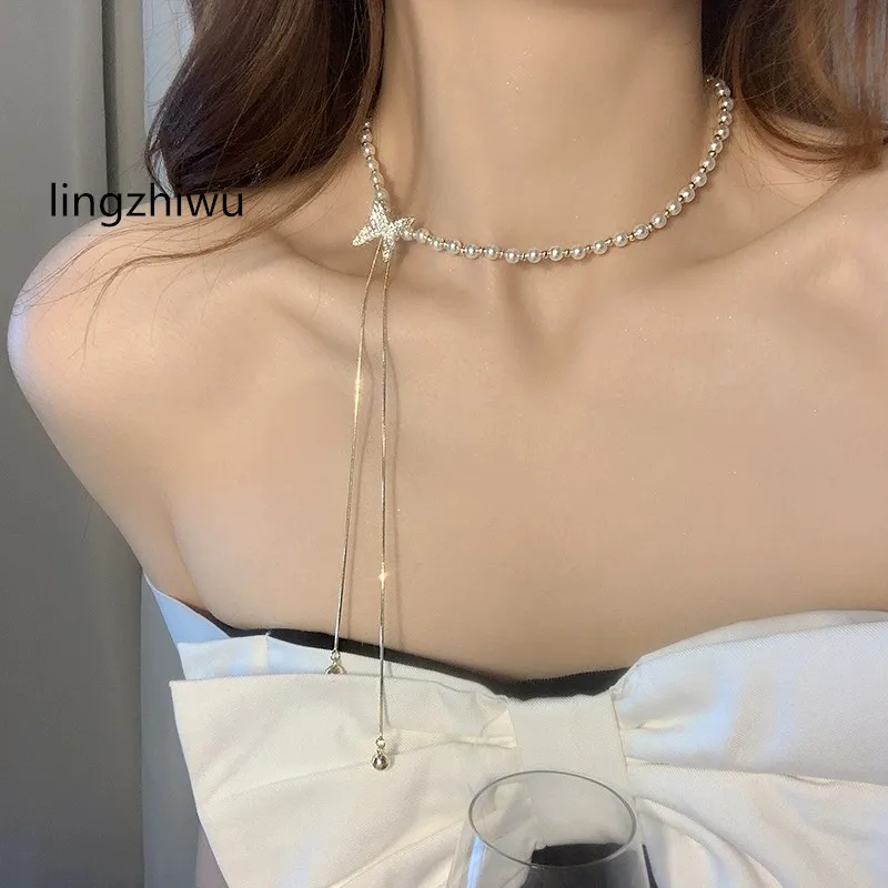 

lingzhiwu Korean Pearls Necklace Female Choker Necklaces Top Quality Butterfly Designer New Arrival