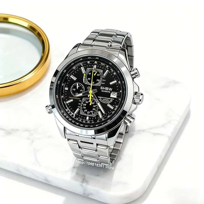 

Luxury Fashion SHBW Men Quartz Clock Luminous Calendar Timing Round Fancy Wristwatch With 4 Button Multiconlored Dial Watch