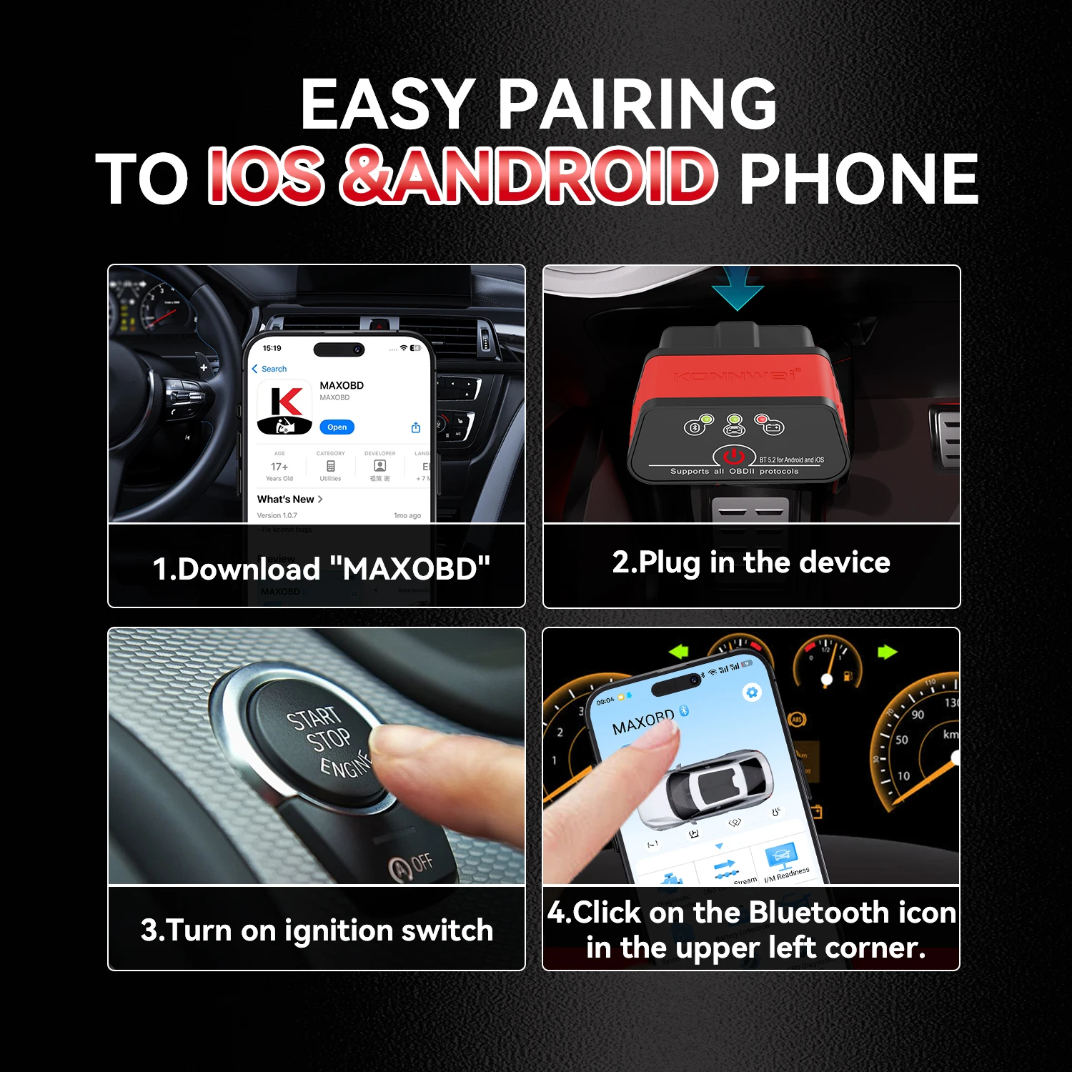 2026 KONNWEI KW903 ELM327 v1.5 Bluetooth 5.0 Auto OBD2 Scanner für Android iOS OBD 2 Auto-Codeleser Automotive ICar2 PIC18F25K80 – Detail 3