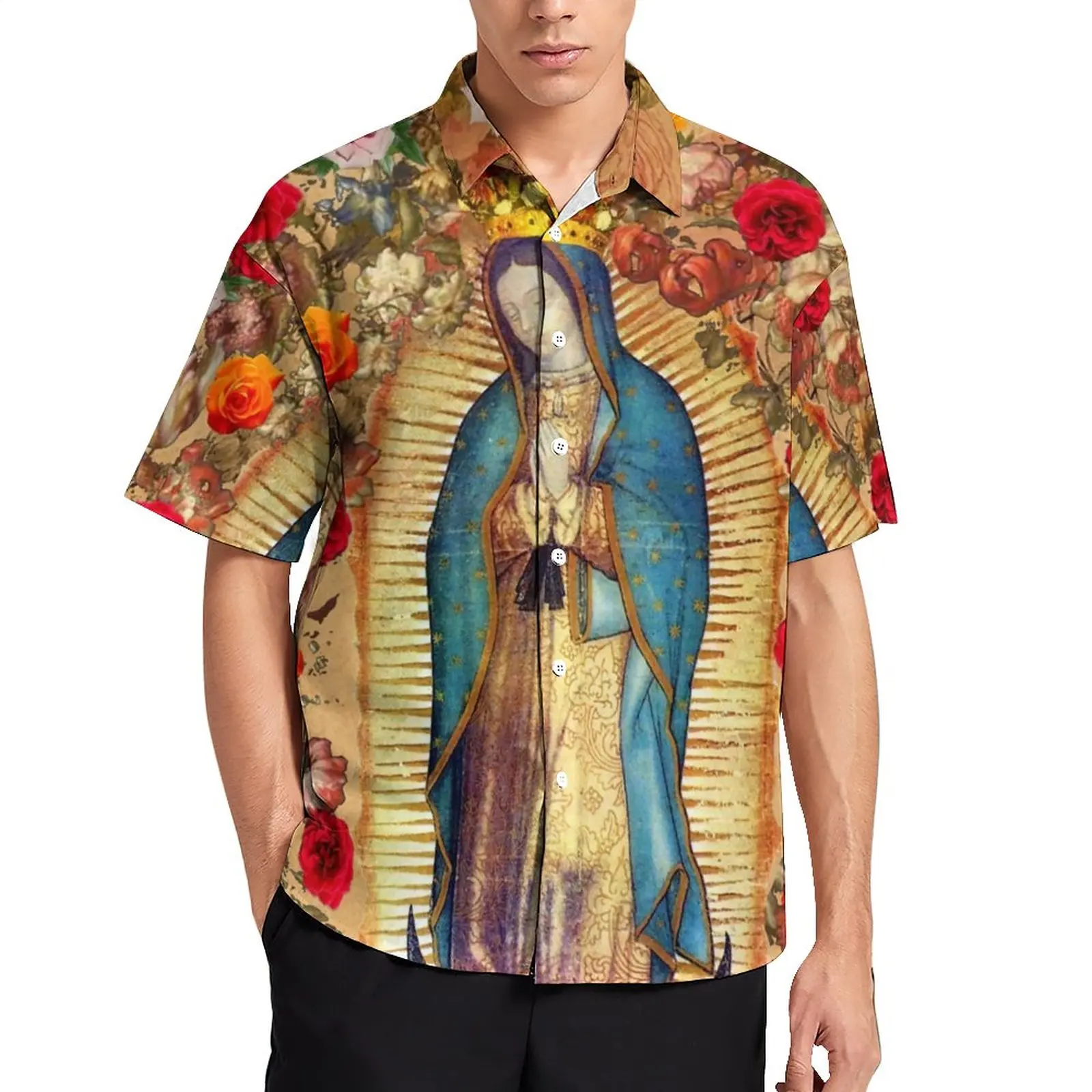 Mary God Jesus Hawalian Shirt For Man Beach Virgin Casual Rainbow Floral Short-Sleeve Stylish Oversize Christianity Sale