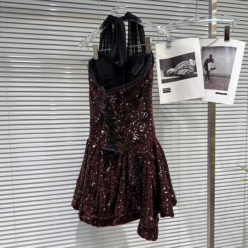 Vestidos Mini Sexy com Lantejoulas para Mulheres, Sem Mangas, Costura em Camadas, Alta Cintura, Novo Designer