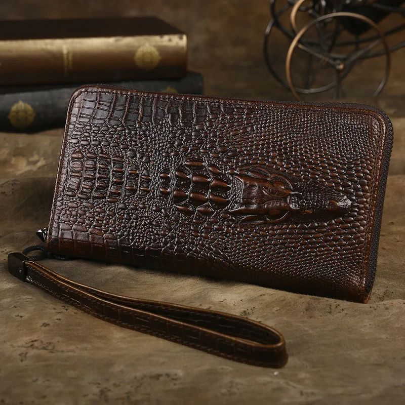 

2024 Men Wallet Clutch Genuine Leather Crocodile Head Male Long Coin Purse Boy Money Organizer Cell Phone Bag