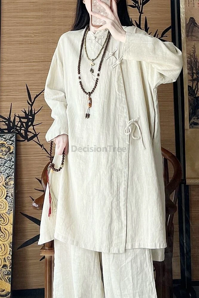 

2025 хлопково-льняная женская блузка средней длины, новый китайский стиль, ханьфу, диск с пряжкой, топ со шнуровкой, дзен, китайская литература, арт, чайный топ