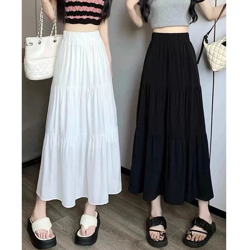 

Summer Girls Fashion Thin Mid-Long Cake Skirts Female Solid High Waist Dress Women Chic Korean Designer A-line Skirts
