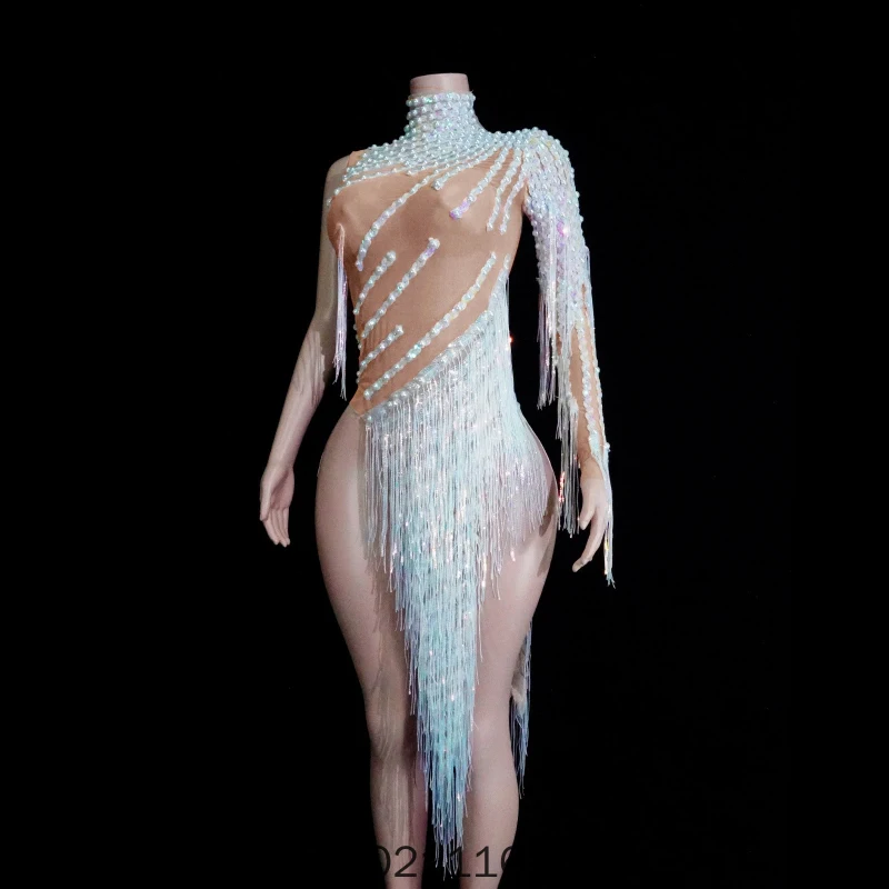 Mesh Diamond Single Sleeve Dress Stage Performance Latin Dance Team Costume European and American Latin Dress Sexy Dance Dress