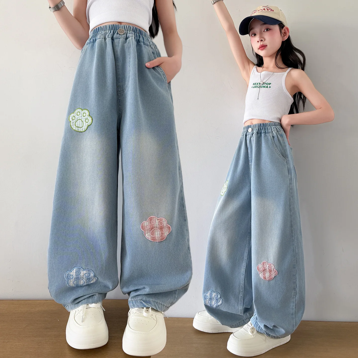

Girls' Summer Thin Anti-Mosquito Casual Jeans with Embroidered Kids Loose Straight Leg Trousers Children's Wide-leg Denim Pants
