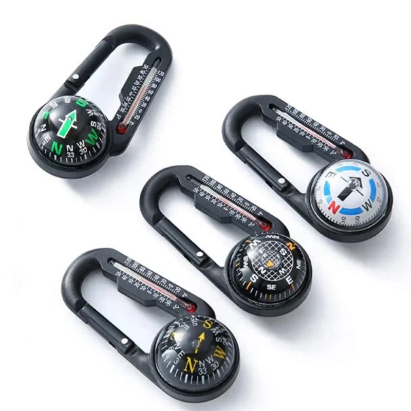 Outdoor Hiking Keychain Multifunctional Outdoor Hiking Buckle Compass With Thermometer Compass Hiking Retractable Keychain