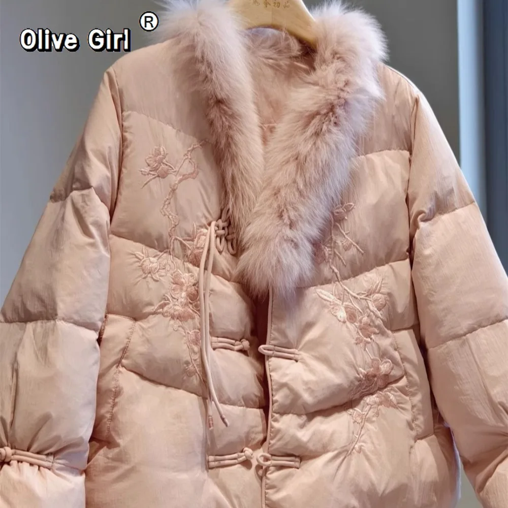 

Pink Cotton Jacket Coat Fur Collar Embroidered White Cotton Jacket Elegant High-end Retro Winter Traditional Chinese Clothing