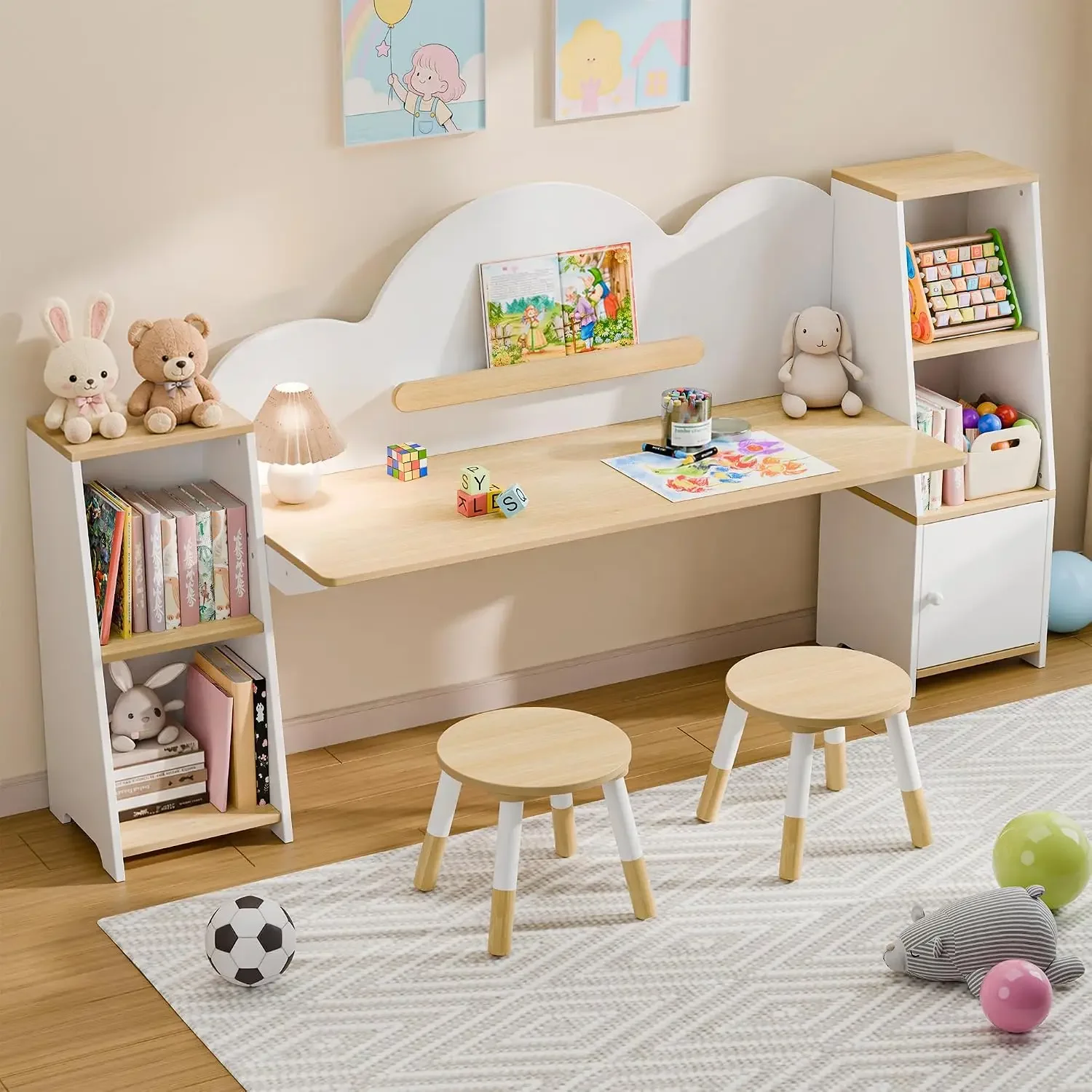 Kids Desk with Storage and 2 Stools, Wooden Children Study Desk and Chair Set with 5 Bookshelves & Cabinets, Montessori Cloud-St