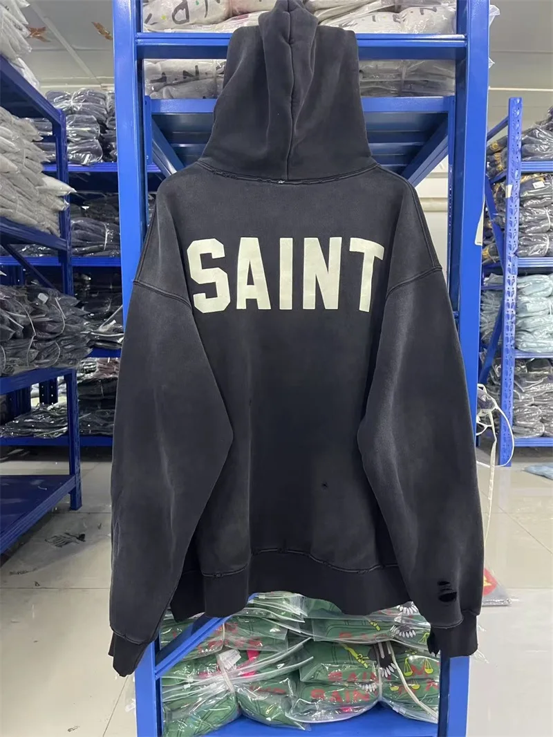 Black Saint Michael Men's Sweatshirts SAINT Logo Letter Printing Destroy Washed Oversized Casual Hoodies