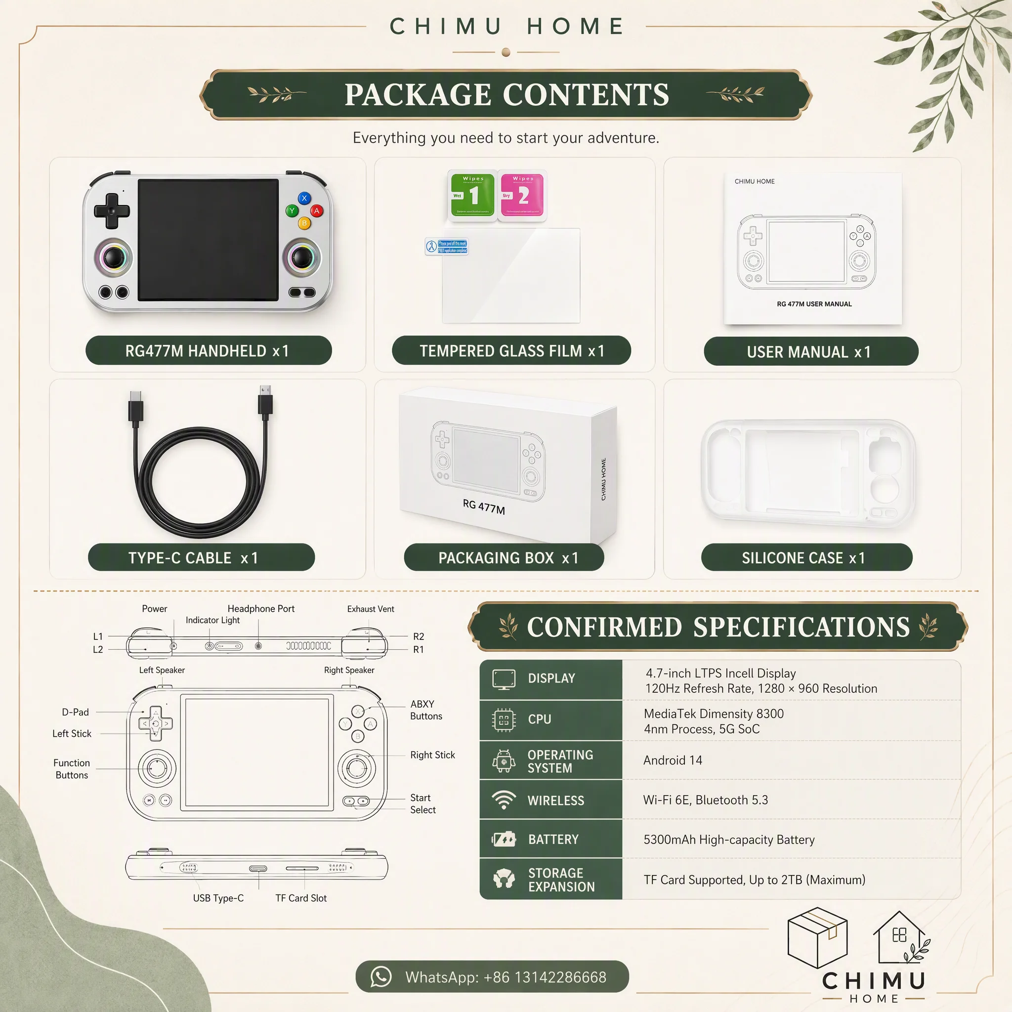 【CHIMU HOME】RG477M Android Gaming Handheld Console 4.7in 120Hz LTPS Display Dimensity 8300 5300mAh WiFi 6E Bluetooth 5.3 view 6