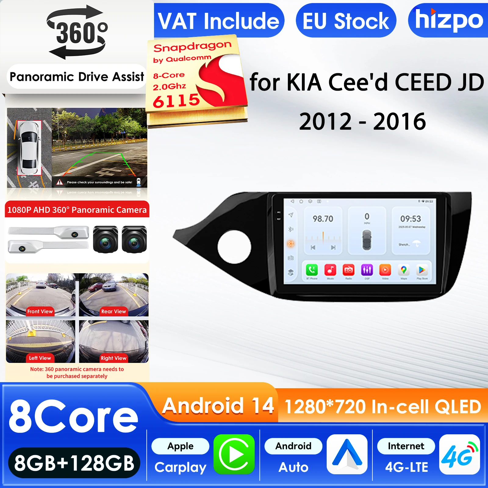 Hizpo Android 14 Auto-Multimedia-Player für Kia Ceed 2 JD 2012–2018 Navigation Carplay 4G intelligenter Bildschirm 360 Kamera WIFI BT