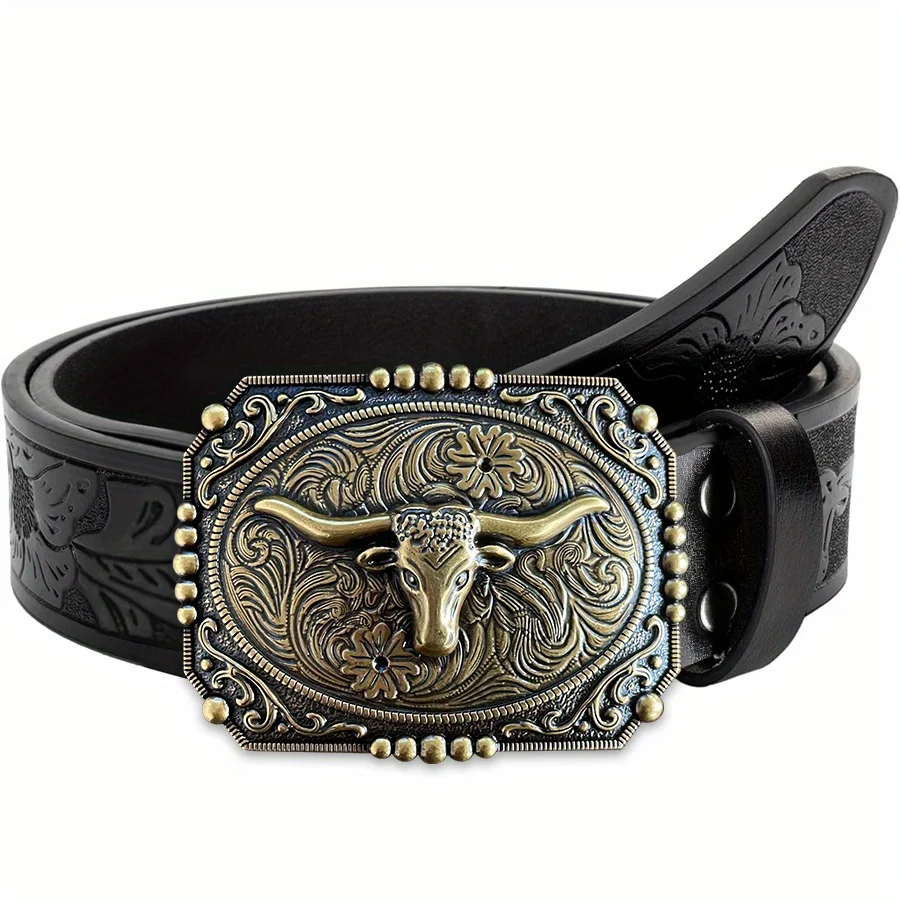 Golden Bull Head Tang-Gras-Muster-Gürtel, exquisite geschnitzte große Plattenschnalle, Legierungsschnalle für Männer und Frauen – unregelmäßiges Muster