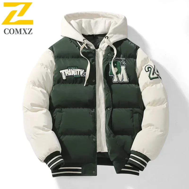 Winter Baseball Jacket 2024 New Embroidered Design Youth Coat Outdoor Fake 2-piece Men's Sports Hooded Cotton Jacket Plus Size - Image 6