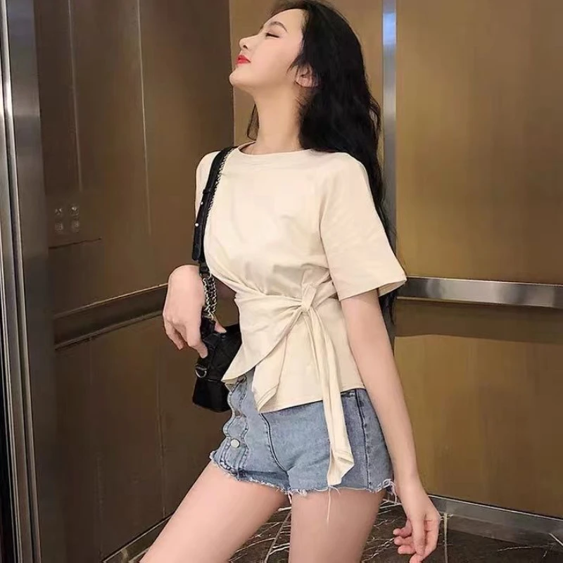 T-shirts Women Bandage Fashion Irregular Design Streetwear All-match Simple Elegant Korean Style Leisure Personality Tender Ins
