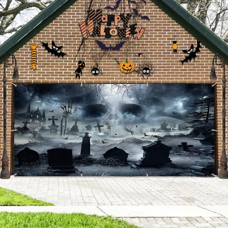 Halloween Garage Door Banner, Horror Cemetery Haunted House Tapestry Background Fabric Courtyard Outdoor Halloween Party Decor