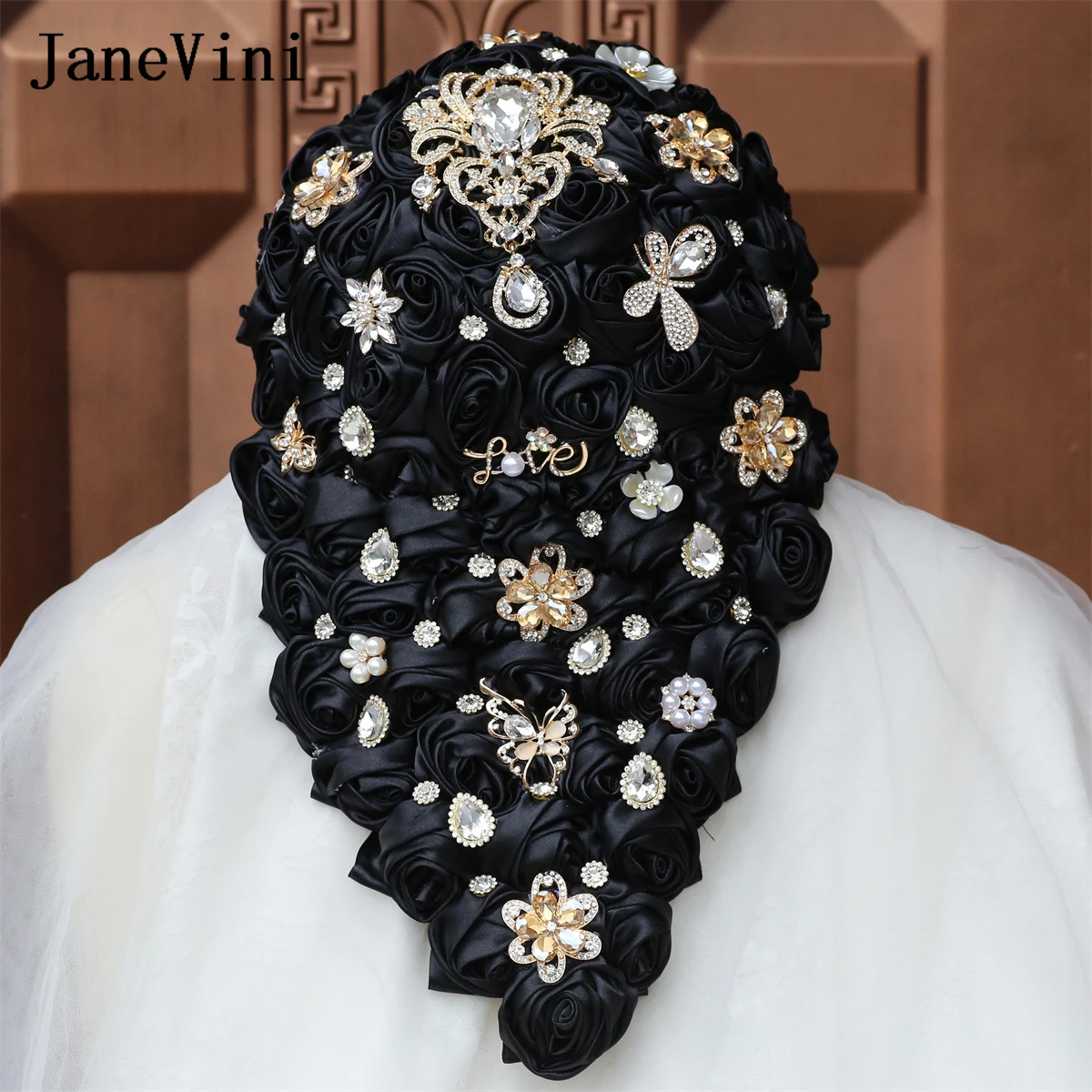 

JaneVini Black Satin Waterfall Rhinestone Wedding Bouquet Ivory Crystal Cascading Bridal Bouquet Bride Hand Flowers Accessories