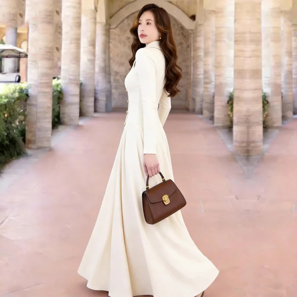 New Spring Elegant Long Dress Women Fashion Turn-down Collar Long Sleeve Slim Waist Dress Chic Solid Color A-Line Dress Female