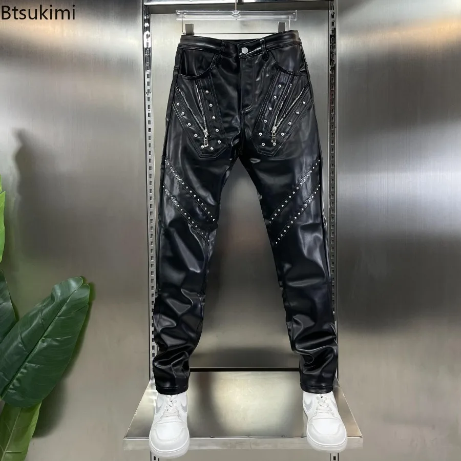 

2026 New Men's Skinny Biker Leather Pants Autumn Winter Fashion Warm Waterproof PU Leather Motorcycle Pants Male Stage Club Wear