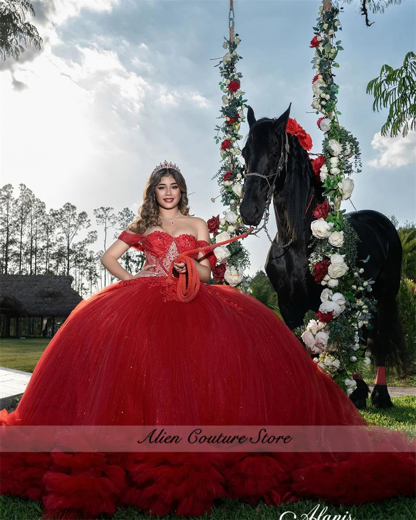 Mexican Red Quinceanera Dress Applique Beading Crystals Ruffle Princess Vestidos Ball Gown Sweet 16 Vestidos De 15 Años