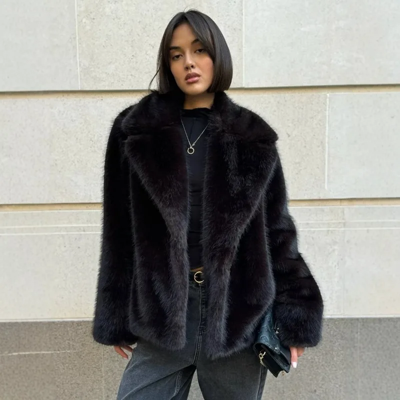 2026 Fashion Black Fox Fur Coat Women's Winter Faux Fur Short Jacket Big-turndown Collar Loose Tops Streetwear Female Fur Coats