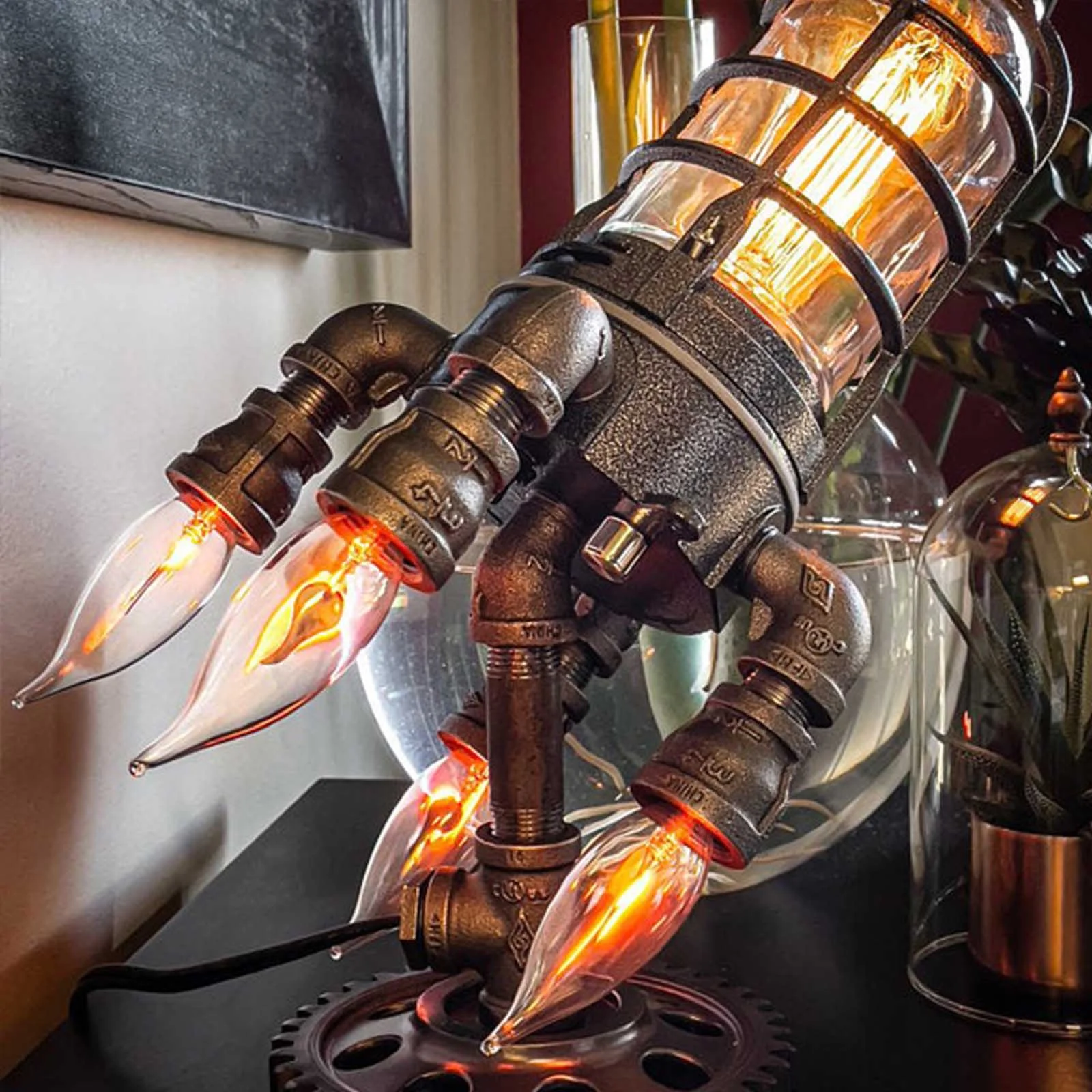 

Vintage Rocket Ship Lamp Steampunk Industrial Desk Night Lights, Decorative Bedside Table Light for Bar, Bedroom Decor, Kids