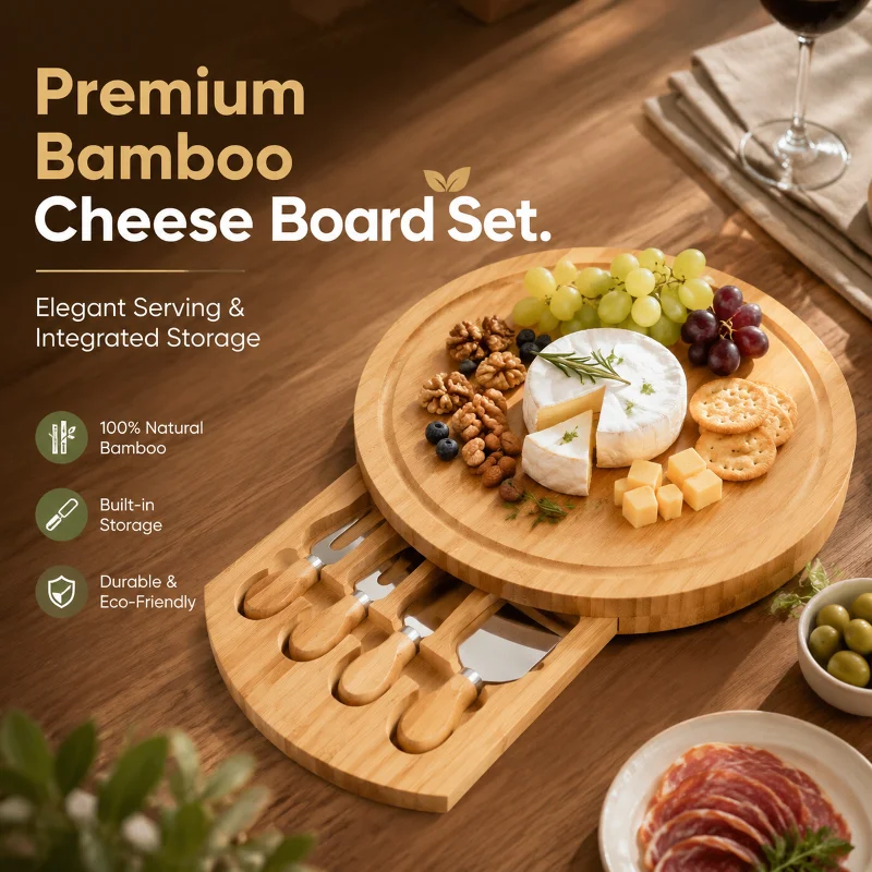 Round Bamboo Cheese Board Set with Slide‑out Drawer & 4 Cheese Knives Charcuterie Serving Tray