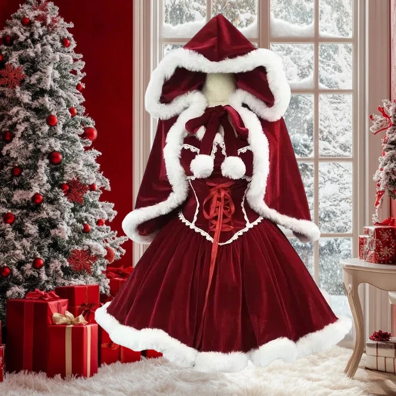 

New Year Red Dress Cloak Cosplay Plus Size Christmas Clothes Cape Women Role Play Outfit Full Set Warm Holiday Costume Girls
