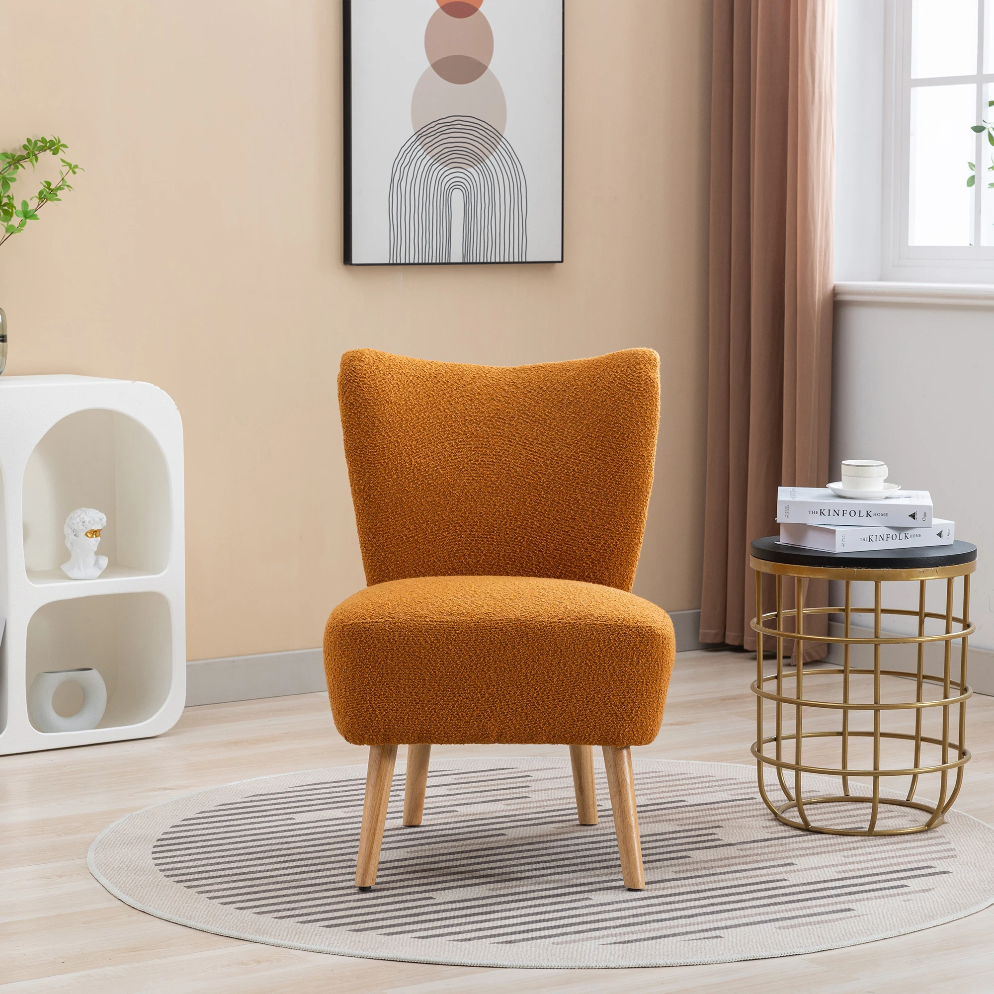 22.50''W Boucle Upholstered Armless Accent Chair Modern Slipper Chair, Cozy Curved Wingback Armchair.Caramel