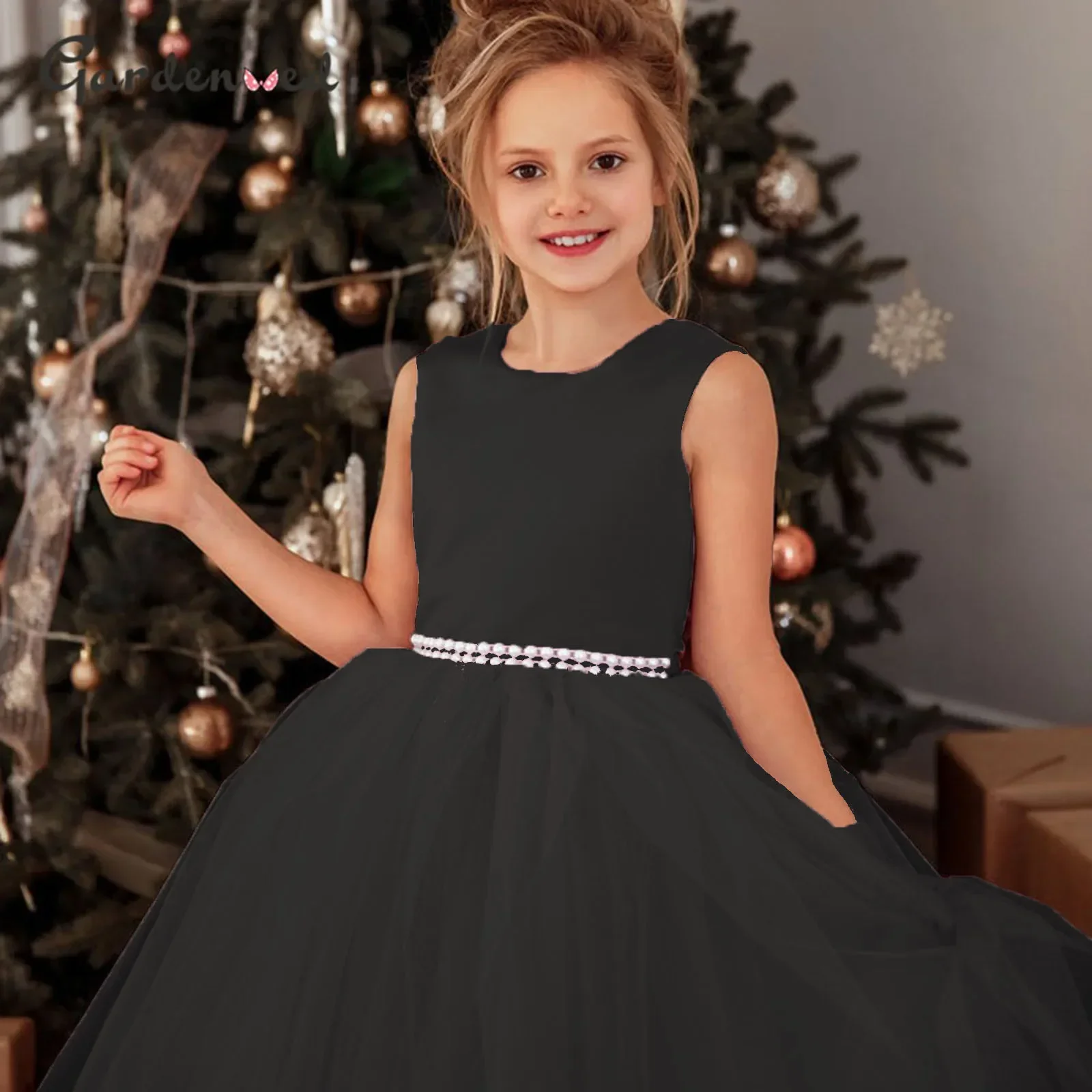 Schwarze Blumenmädchenkleider für die Hochzeit mit Schleife, offener Rücken, Perlenbund, Prinzessin-Festzug-Kleid für Kinder, einfache Erstkommunion-Kleider