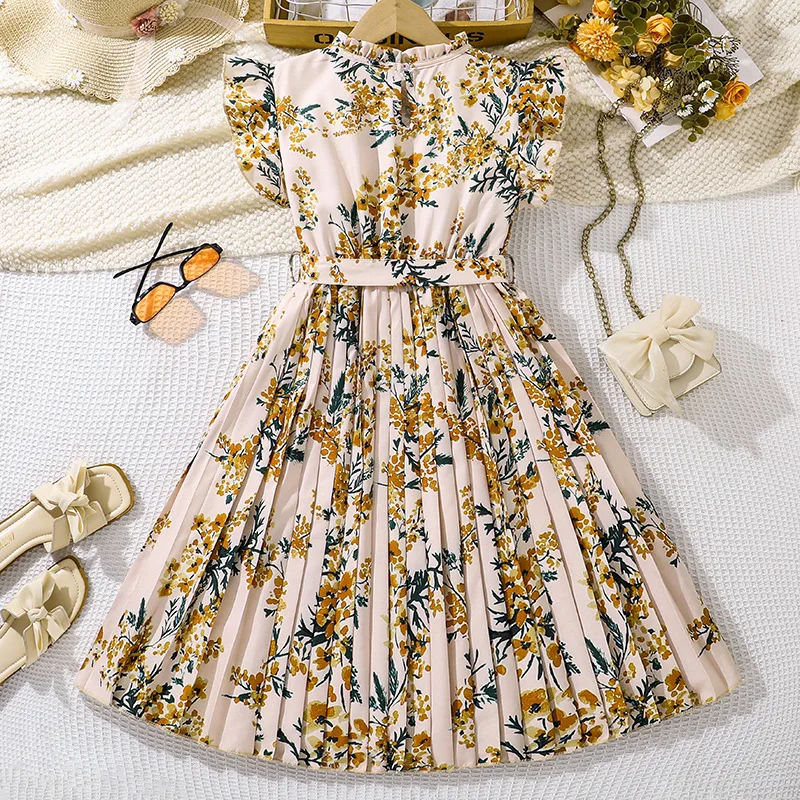 2025 New Arrival Girls Sleeveless Ruffles Print Floral Yellow Menina Cute Holiday Night Party Princess Dress Custume 8-12T