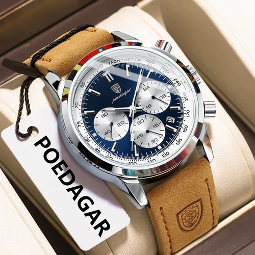 Reloj POEDAGAR a la moda para hombre, Reloj de pulsera militar de cuero luminoso resistente al agua para hombre, cronógrafo de cuarzo, relojes de lujo para hombre