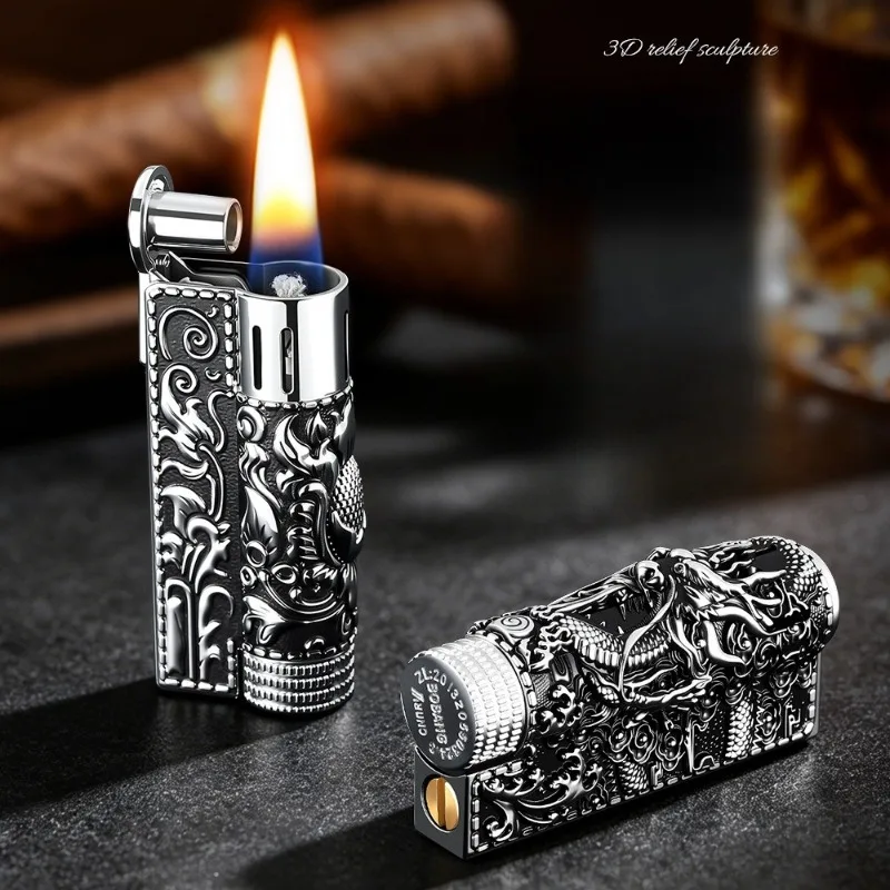 2026 Zinc Alloy Three Sided Exquisite Relief Windproof Kerosine Lighter One Click Launch Ignition Fashion Retro Lighters Gifts