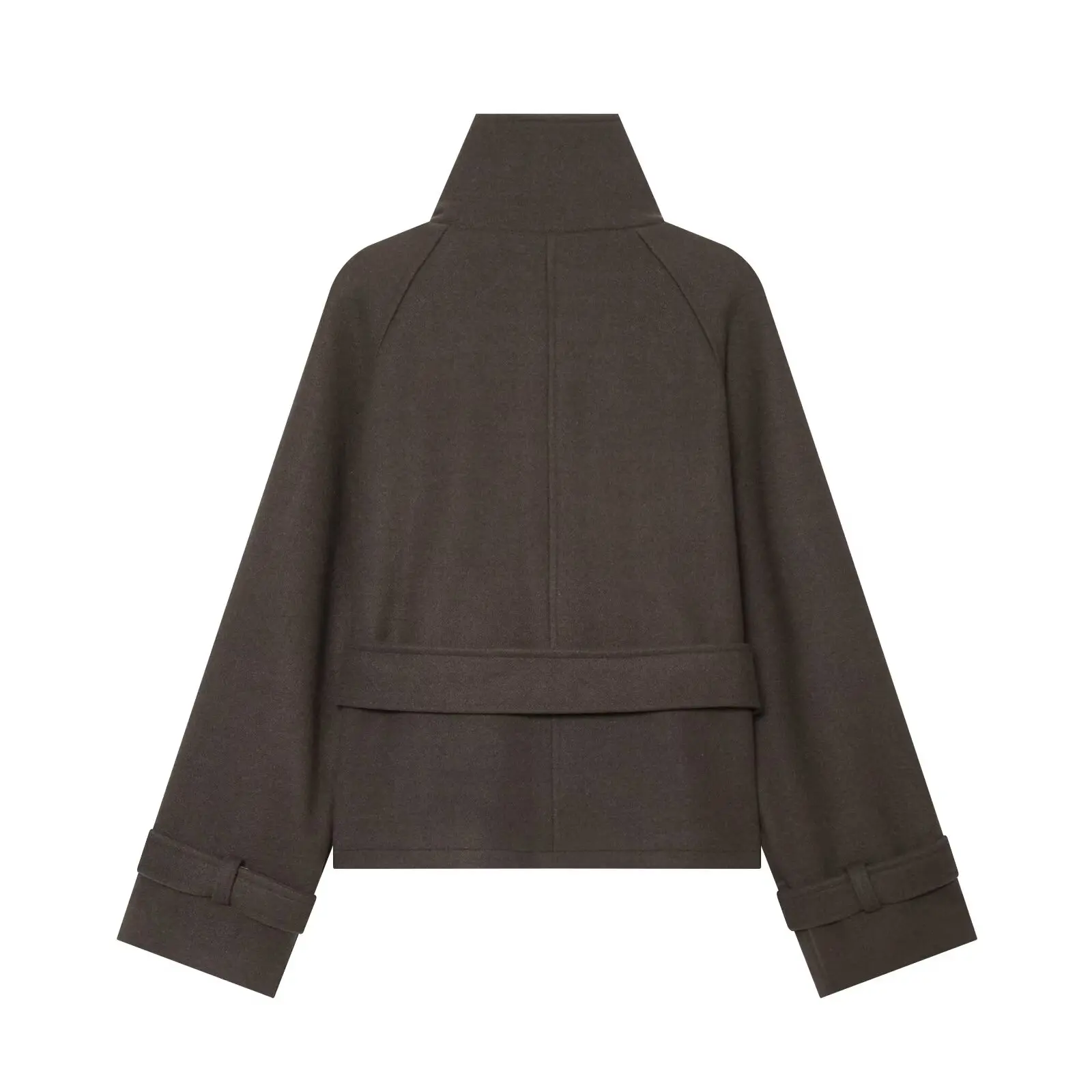 BSAY Women High Neck Belted Double Breasted Short Coat Epaulet Decor Loose Fit Cropped Sleeve Solid Fall Winter Ladies Outerwear
