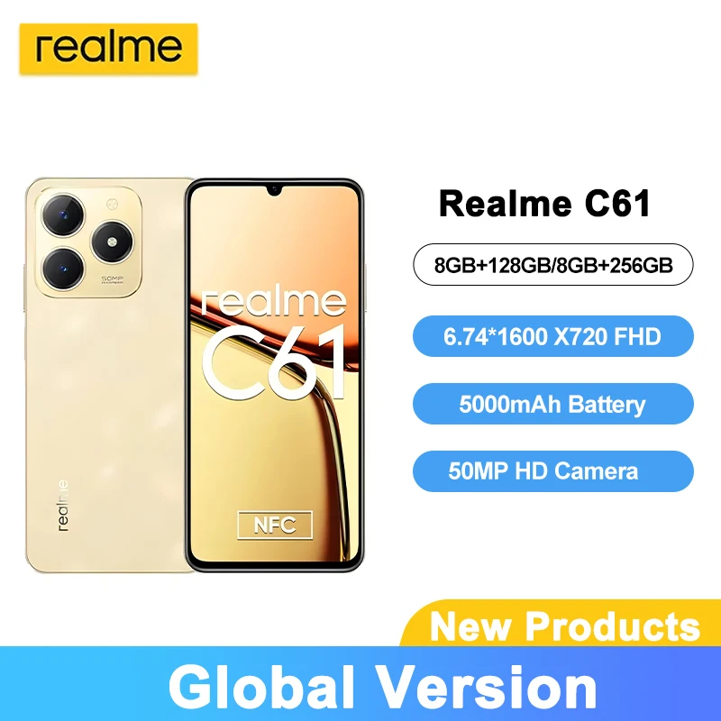 realme C61 Smartphone 5000mAh Battery Charge 50MP AI CameraIP54 AI Engine NFC 45W SUPERVOOC Charge  90Hz Display