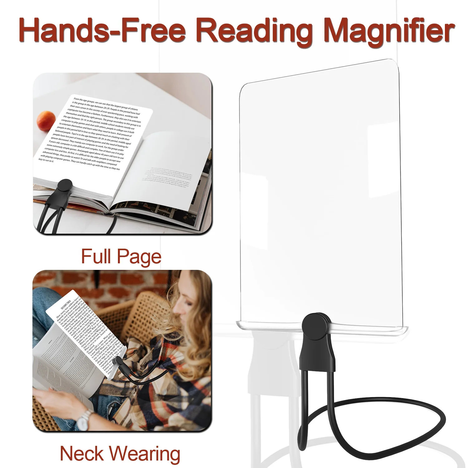 2X Hands-Free Neck Wearing Page Magnifier Full Page Glass Reading Magnifier Desktop Magnifying Glass Card Magnifier for Reading