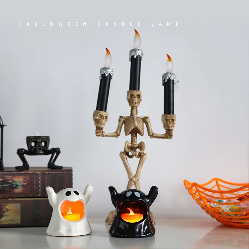 2Pcs Halloween Ghost Night Lights Flameless LED Candle Holder Lamp Battery Operated For Halloween Party Decoration
