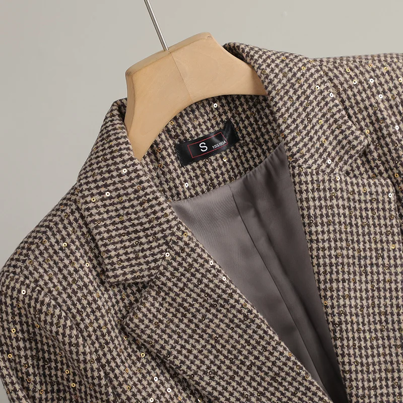 스팽글 하운드투스 블레이저 여성 봄 가을 숏 재킷 코트 여성 정장 2025 신상 체크무늬 스몰 슈트 여성 아우터 탑