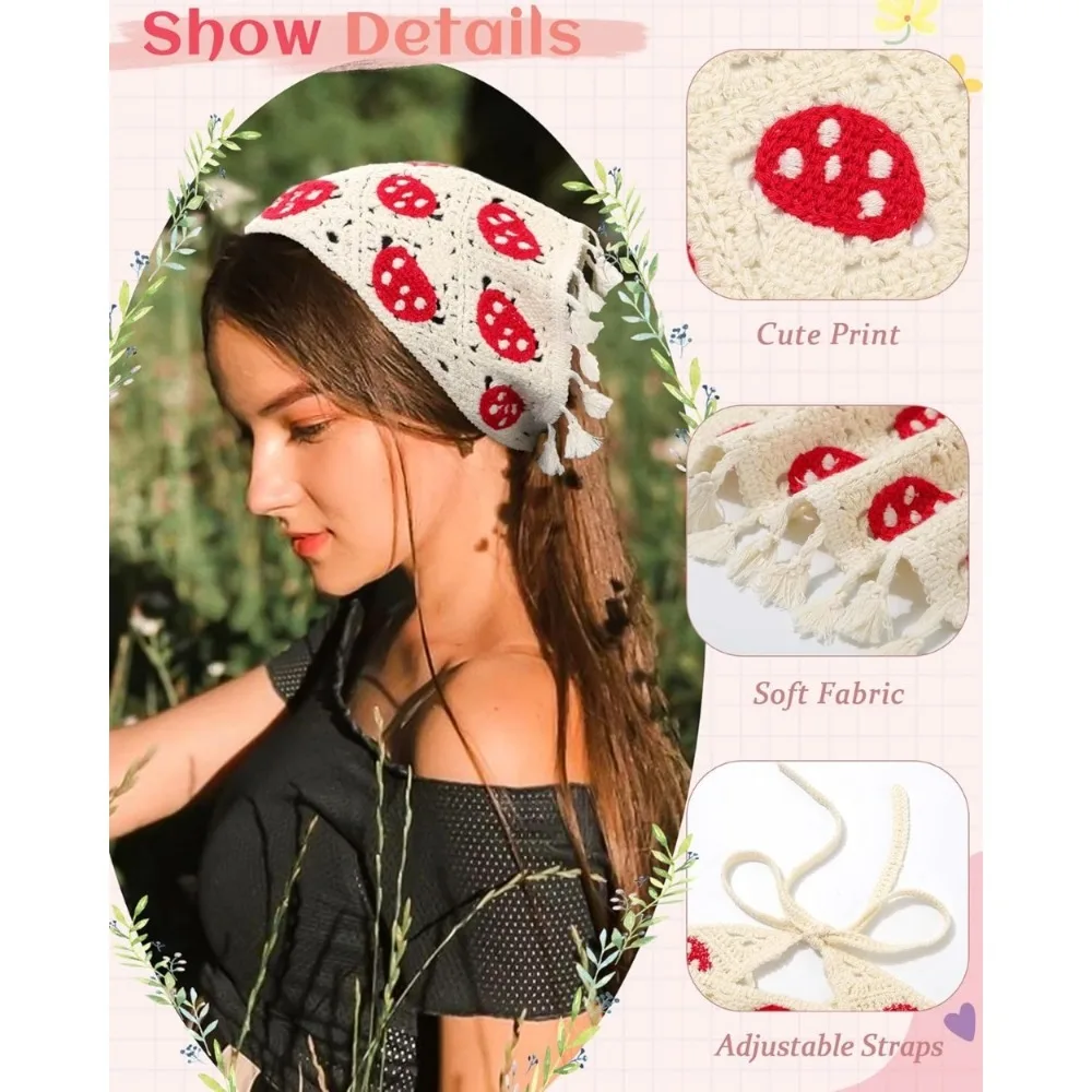 Вязаные крючком банданы для волос с цветочным принтом, платок из 2 предметов, женский шарф для волос, повязка на голову с ромашками, винтажный платок на голову для девочек