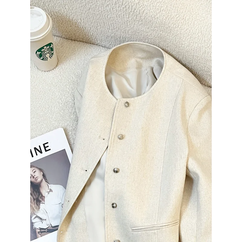 สีขาวกลิ่นหอมขนาดเล็กแขนยาวรอบคอสั้นเสื้อผู้หญิงใหม่ Elegant Basic แฟชั่นภาษาฝรั่งเศสคํา Chic Office Lady Jacket